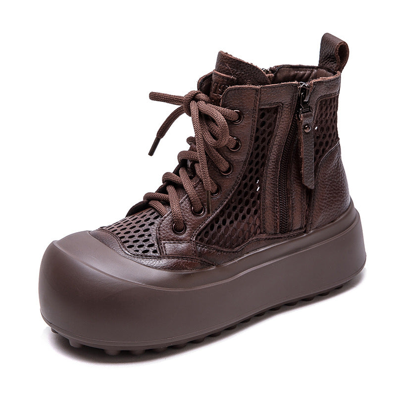 Women Retro Plain Leather Breathable Mesh Thick Soled Boots-RAIIFY