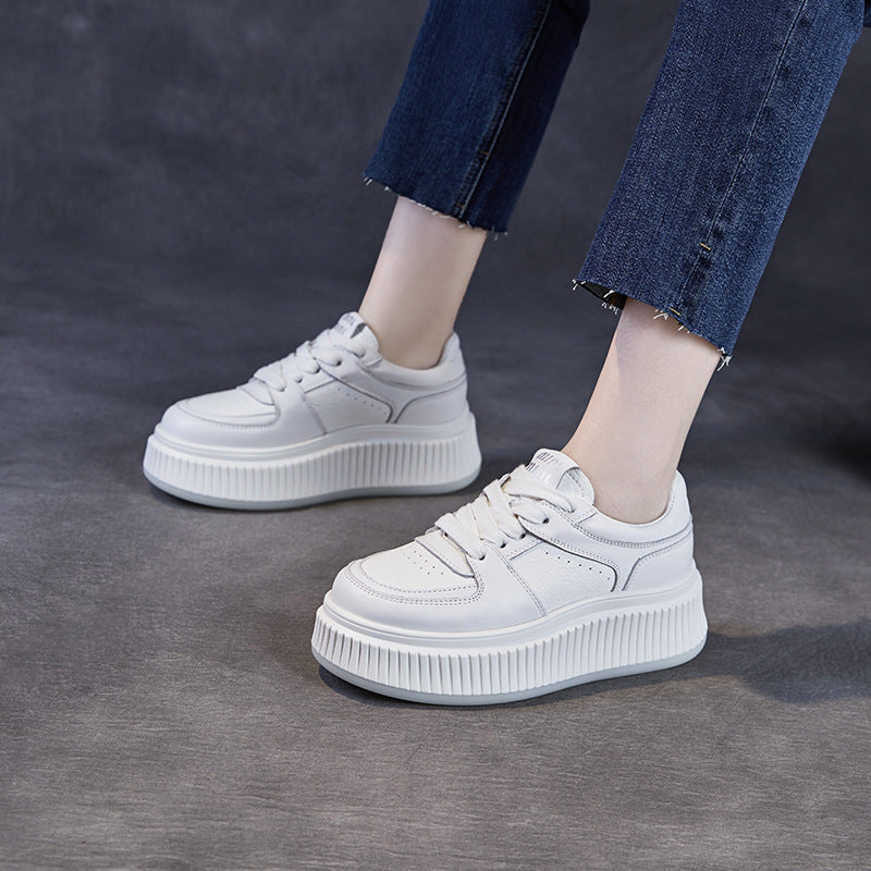 Women Minimalism Leather Pure White Platform Sneakers-RAIIFY