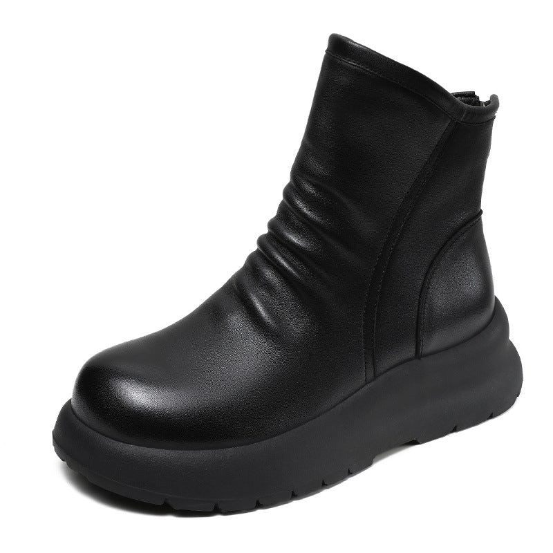 Women Retro Solid Leather Soft Casual Boots-RAIIFY