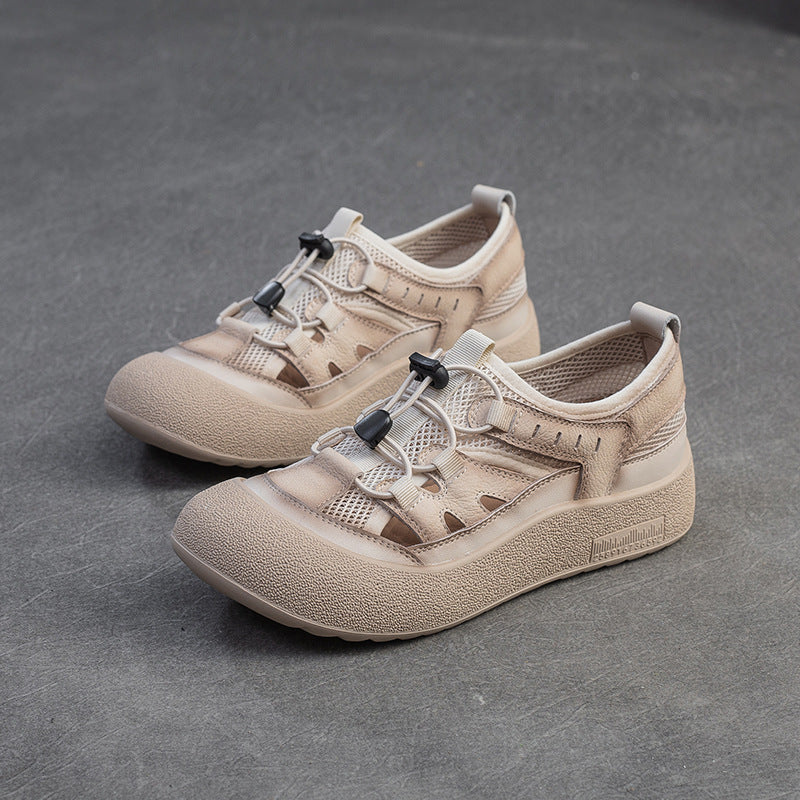 Women Hollow Mesh Leather Elastic Lace Casual Shoes-RAIIFY