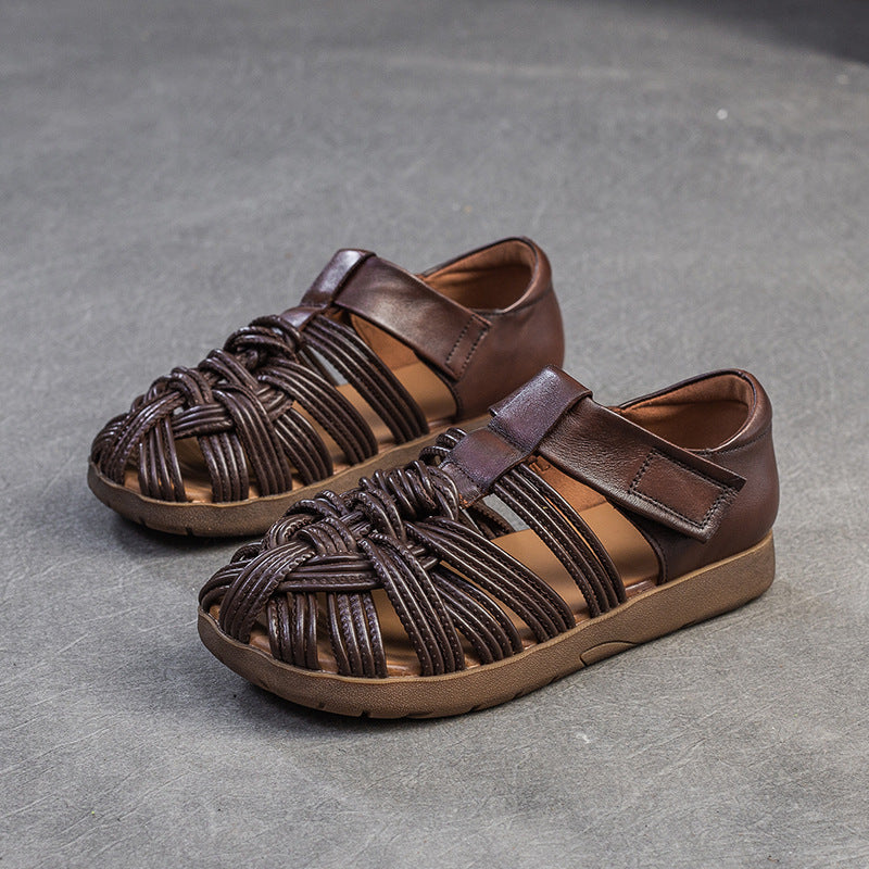 Women Retro Round Head Plaited Leather Casual Sandals-RAIIFY