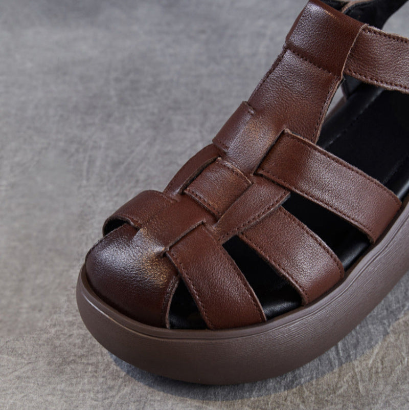 Women's Retro Plain Leather Casual Platform Sandals-RAIIFY