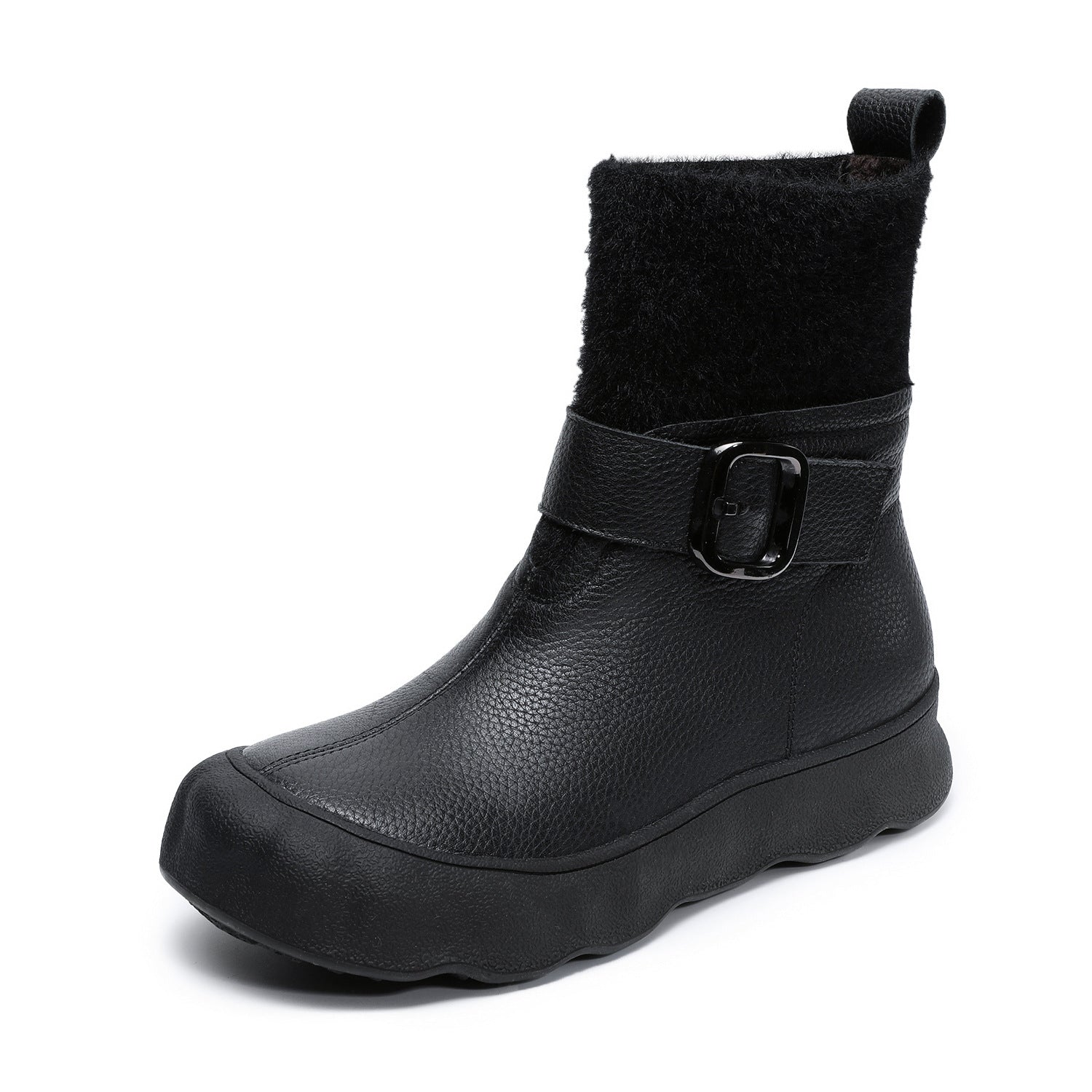 Women's Leather Buckle-Strap Furred Ankle Boots-RAIIFY