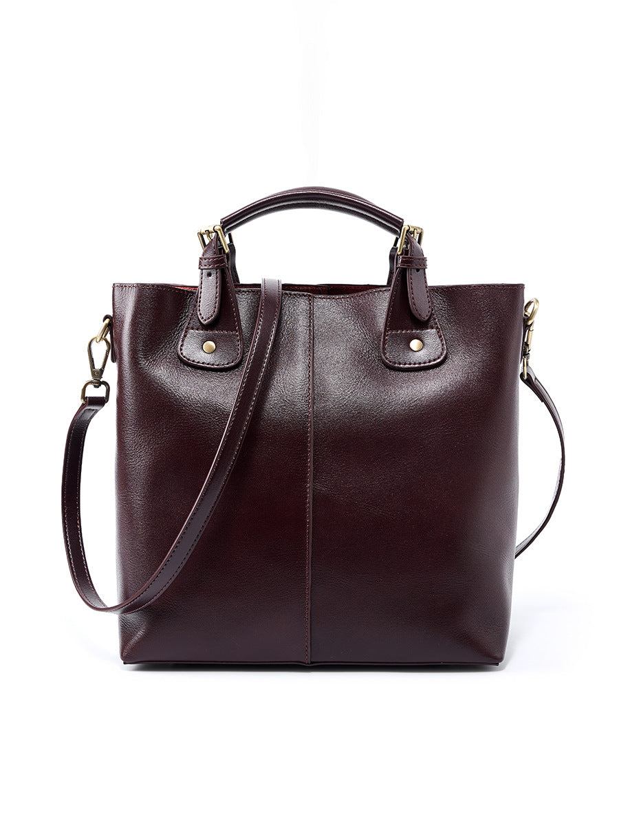 Women Retro Solid Leather Shoulder Tote Bag-RAIIFY