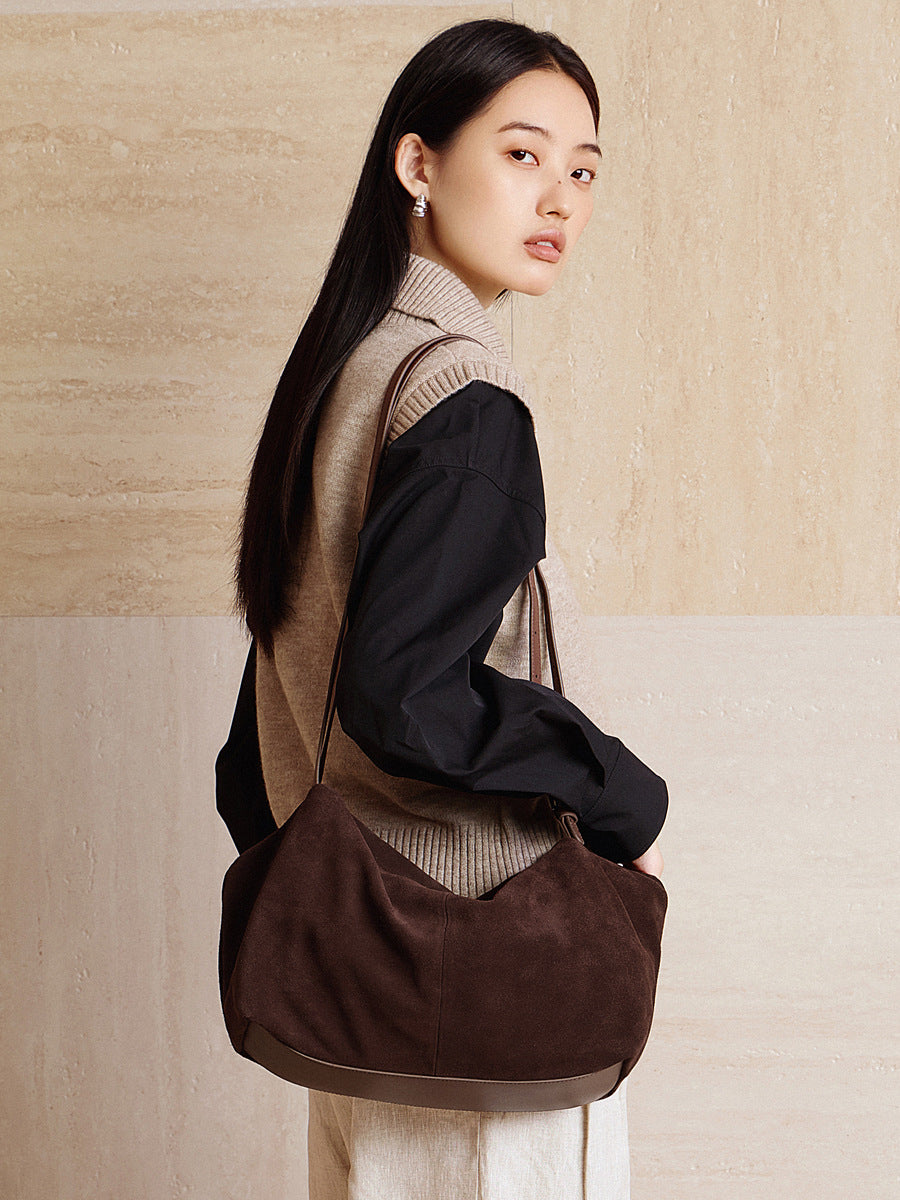 Women’s Suede Leather Pillow-Shaped Shoulder Tote Bag-RAIIFY