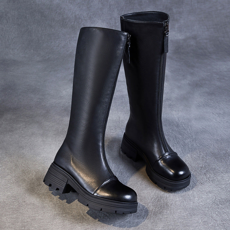 Women's Solid Leather Knee High Riding Boots-RAIIFY