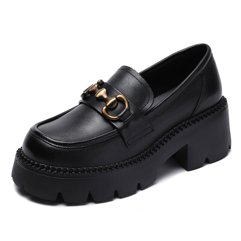 Women Retro Leather Chain Chunky Wedge Loafers-RAIIFY