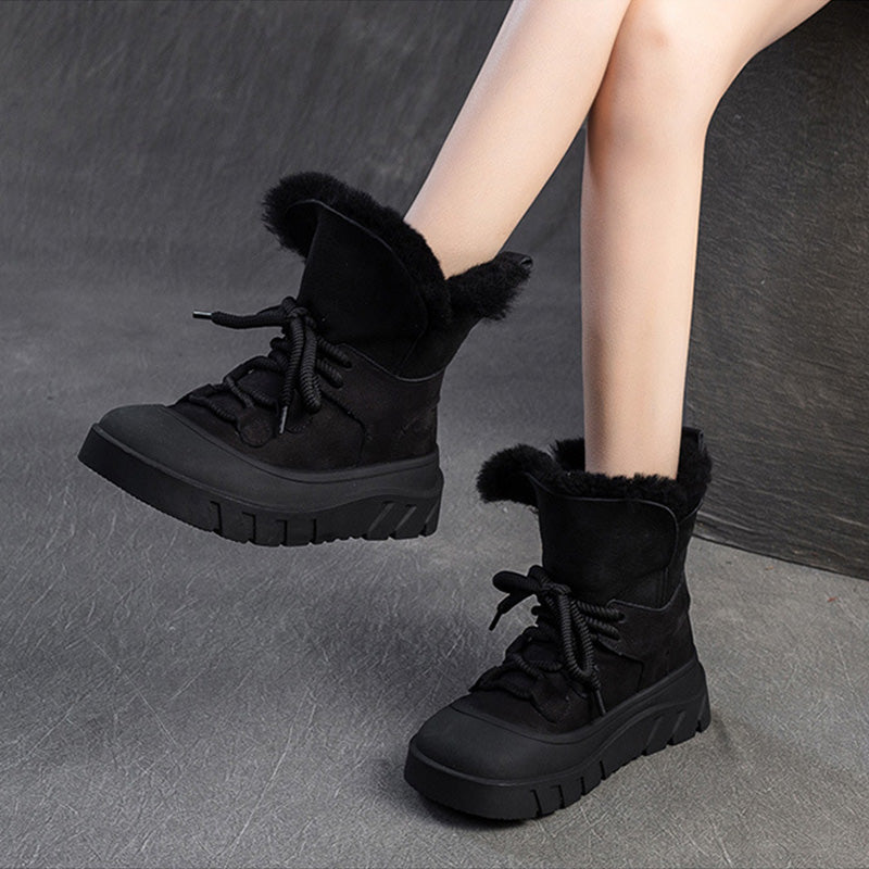 Women Solid Cowhide Warm Casual Woolen Snow Boots-RAIIFY