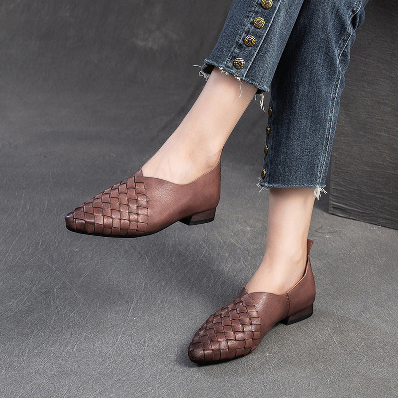 Women Retro Soft Plaited Leather Pointed-Toe Casual Shoes-RAIIFY