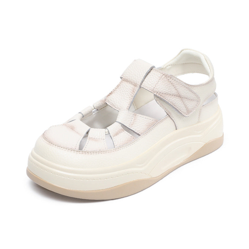 Women Plain Leather Round Head Platform Casual Sandals-RAIIFY