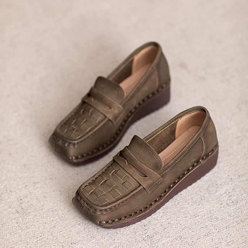 Women Solid Plaited Soft Leather Casual Loafers-RAIIFY