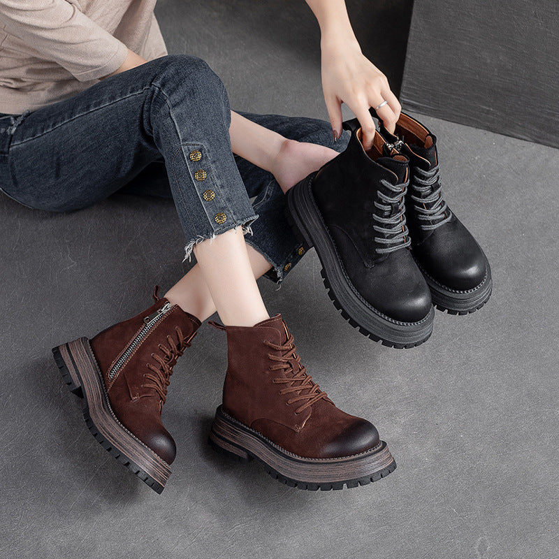 Women Retro Leather Patchwork Thick Soled Boots-RAIIFY