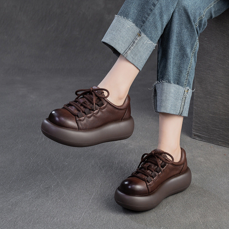 Women Retro Solid Leather Thick Soled Casual Shoes-RAIIFY