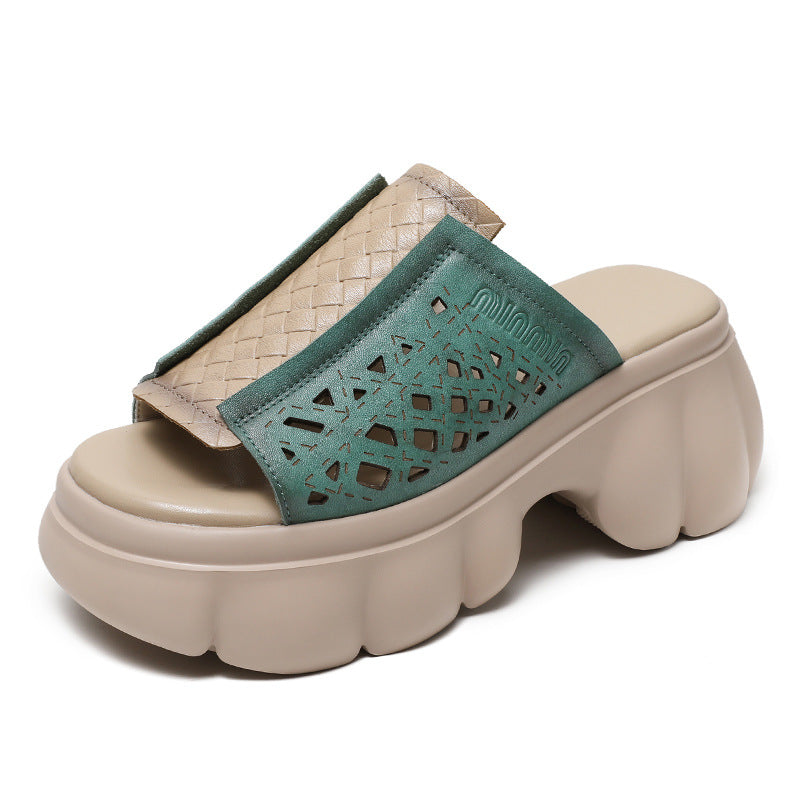 Women Summer Hollow Leather Platform Casual Slides-RAIIFY