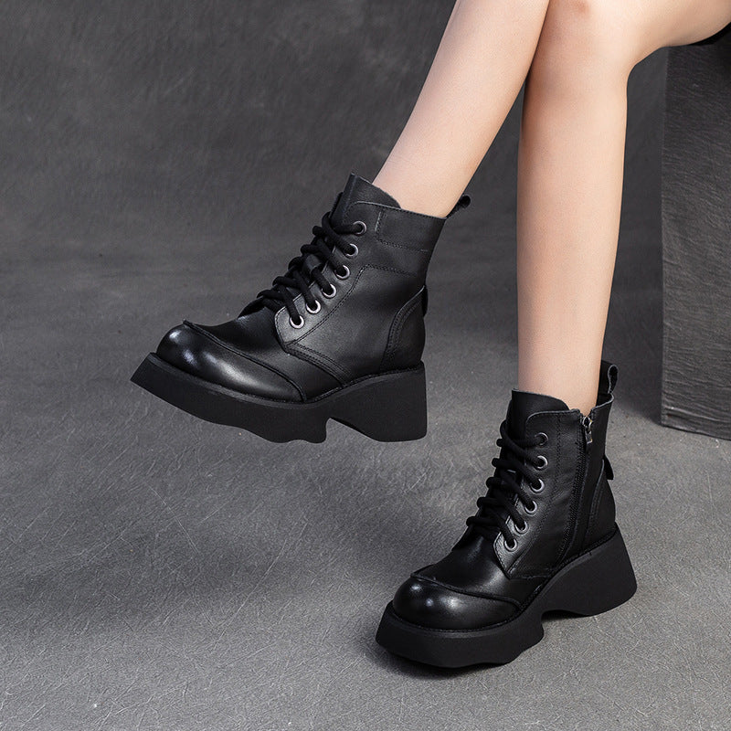 Women Retro Solid Leather Platform Boots-RAIIFY