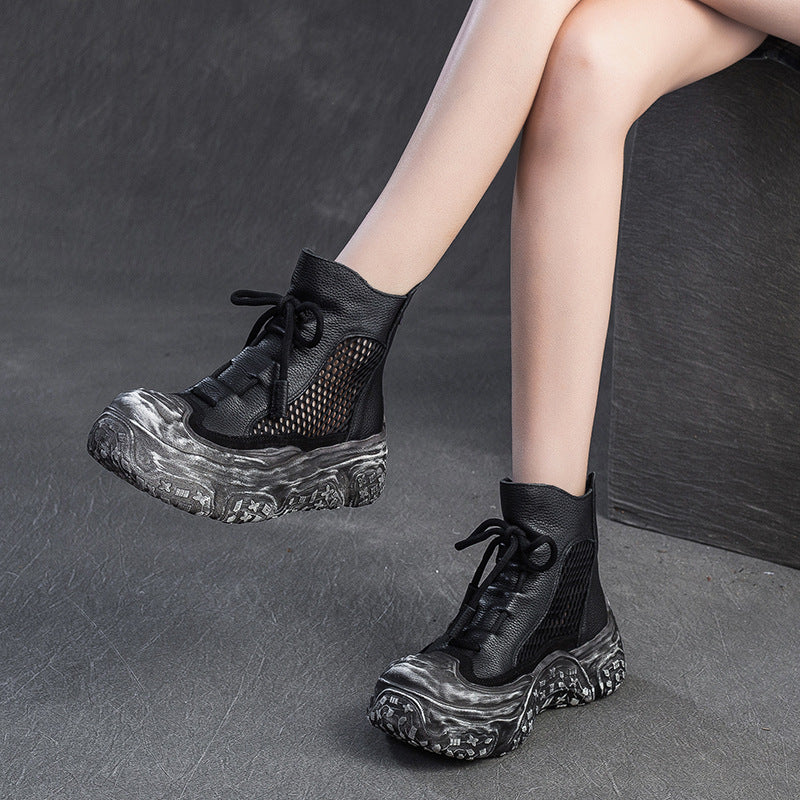 Women Retro Leather Breathable Mesh Chunky Platform Boots-RAIIFY