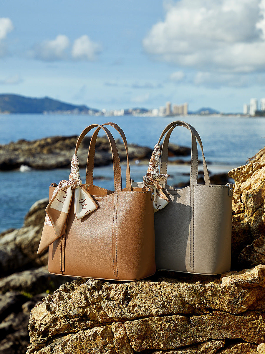 Women’s Elegant Plain Leather Silk Scarf Tote Bag-RAIIFY
