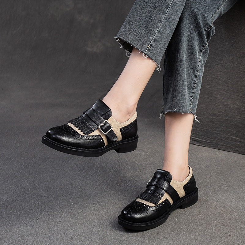 Women Patchwork Hollow Leather Retro Loafers-RAIIFY