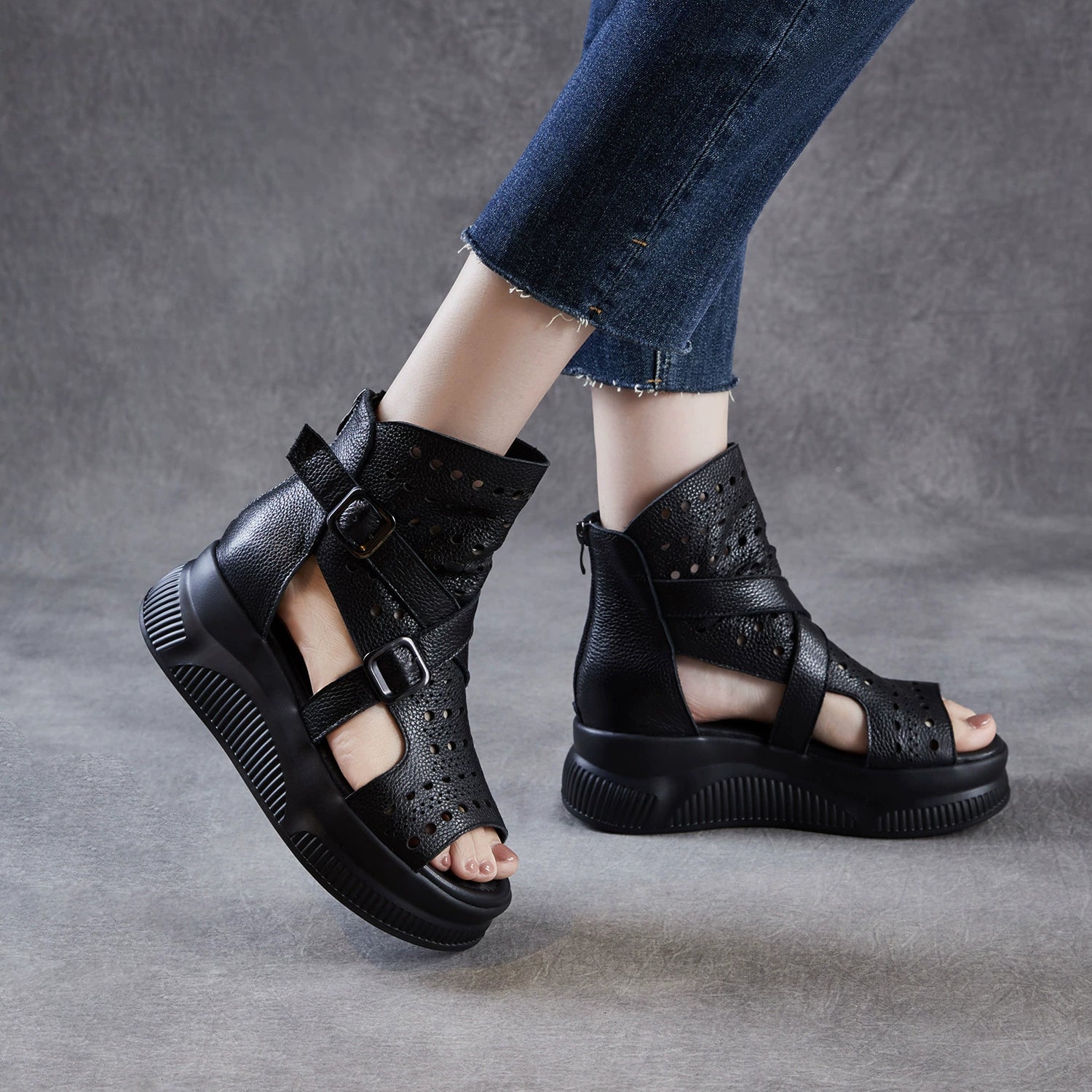 Women's Retro Cowhide Thick Sole Cutout Peep Toe Sandals