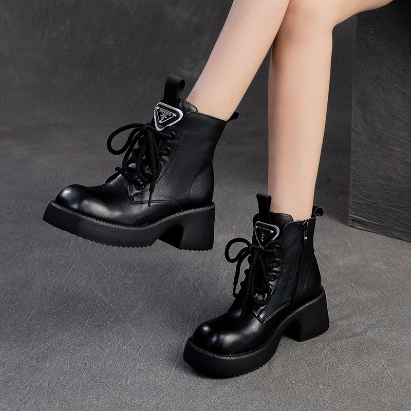 Women Retro Leather Chunky Heel Casual Boots-RAIIFY