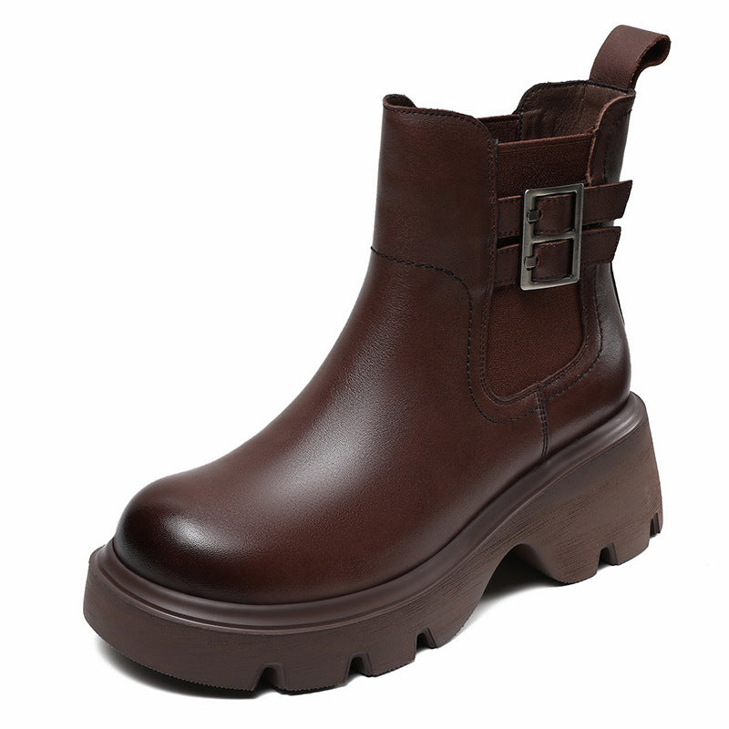 Women Retro Leather Buckle Platform Casual Boots-RAIIFY