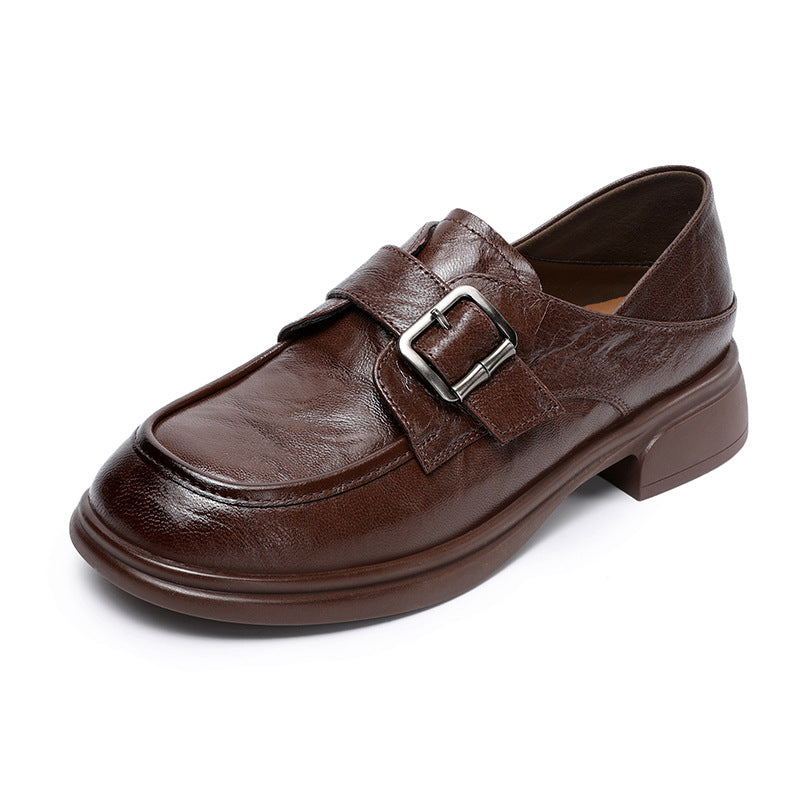 Women Retro Plain Leather Buckle Work Loafers-RAIIFY