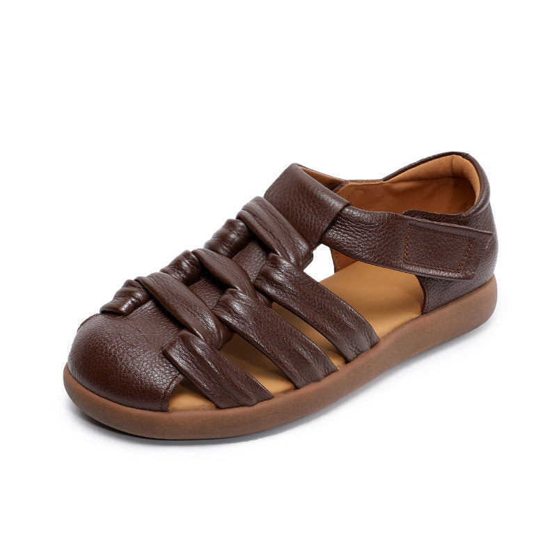 Women's Retro Plain Leather Round Head Velcro Sandals-RAIIFY