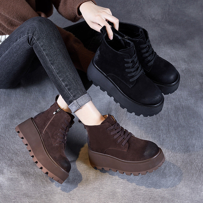 Women Solid Suede Chunky Platform Ankle Boots-RAIIFY