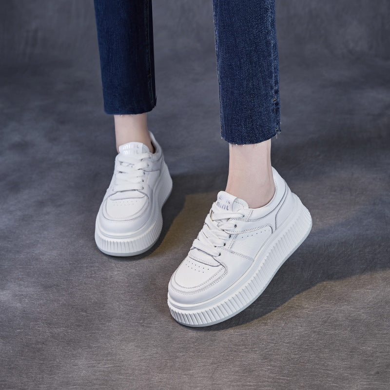 Women Minimalism Leather Pure White Platform Sneakers-RAIIFY