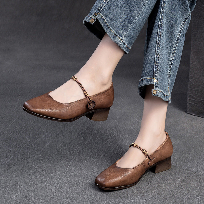 Women Retro Leather Casual Low Block Pumps-RAIIFY