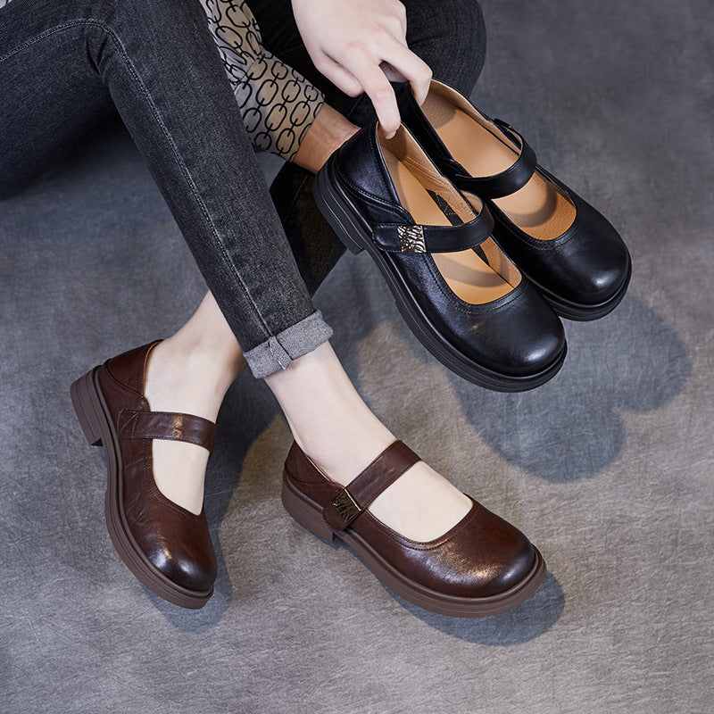 Women Retro Solid Leather Casual Mary Jane Shoes-RAIIFY