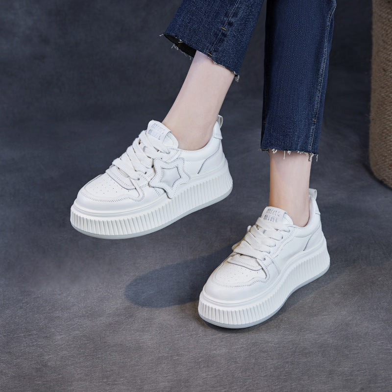 Women Plain Embossed Leather Thick Soled Casual Sneakers-RAIIFY