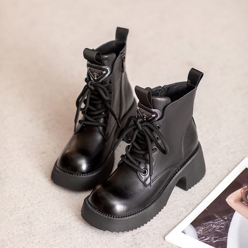 Women Vintage Leather Chunky Platform Boots-RAIIFY