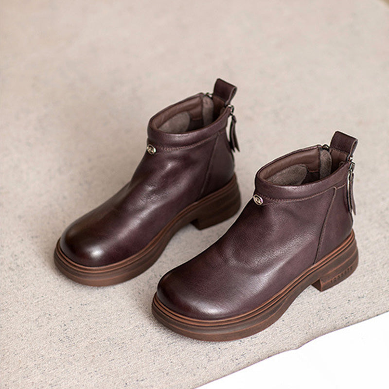 Women Retro Solid Leather Casual Ankle Boots-RAIIFY