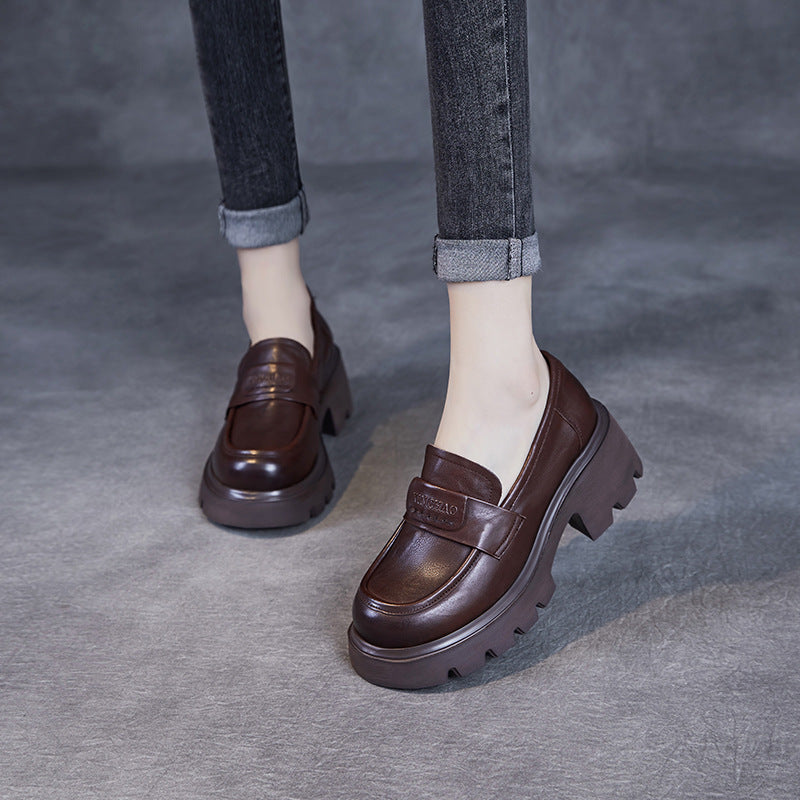 Women Minimalism Solid Leather Chunky Heel Loafers-RAIIFY