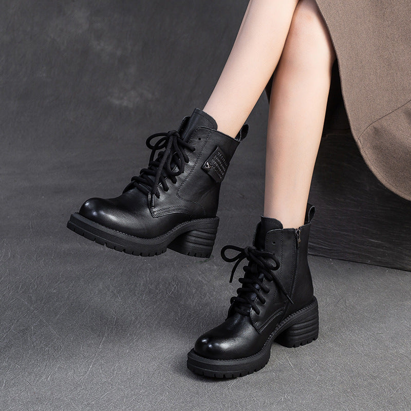 Women Retro Quilted Leather Chunky Heel Boots-RAIIFY