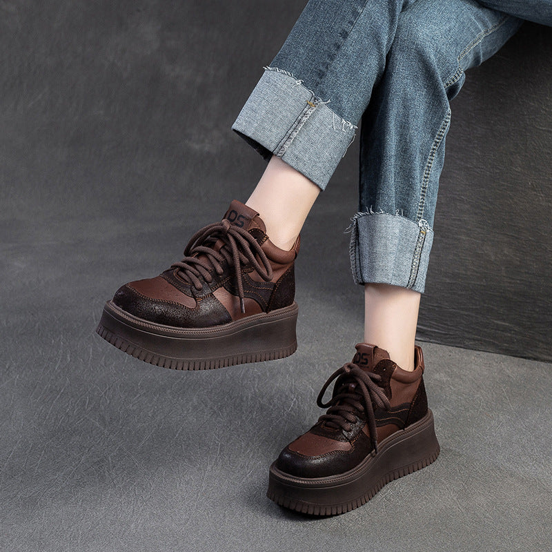 Women Vintage Leather Chunky Platform Casual Shoes-RAIIFY