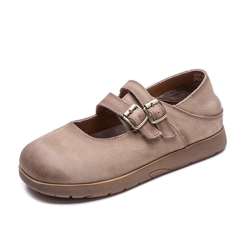 Women Vintage Solid Leather Flat Soft Casual Shoes-RAIIFY