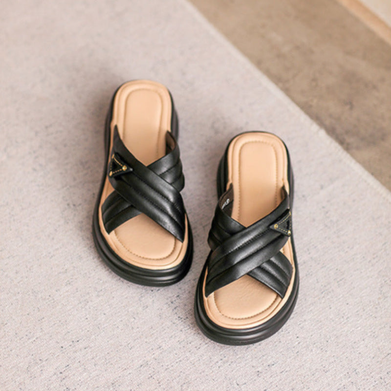 Women's Fashion Plain Leather Casual Slides-RAIIFY