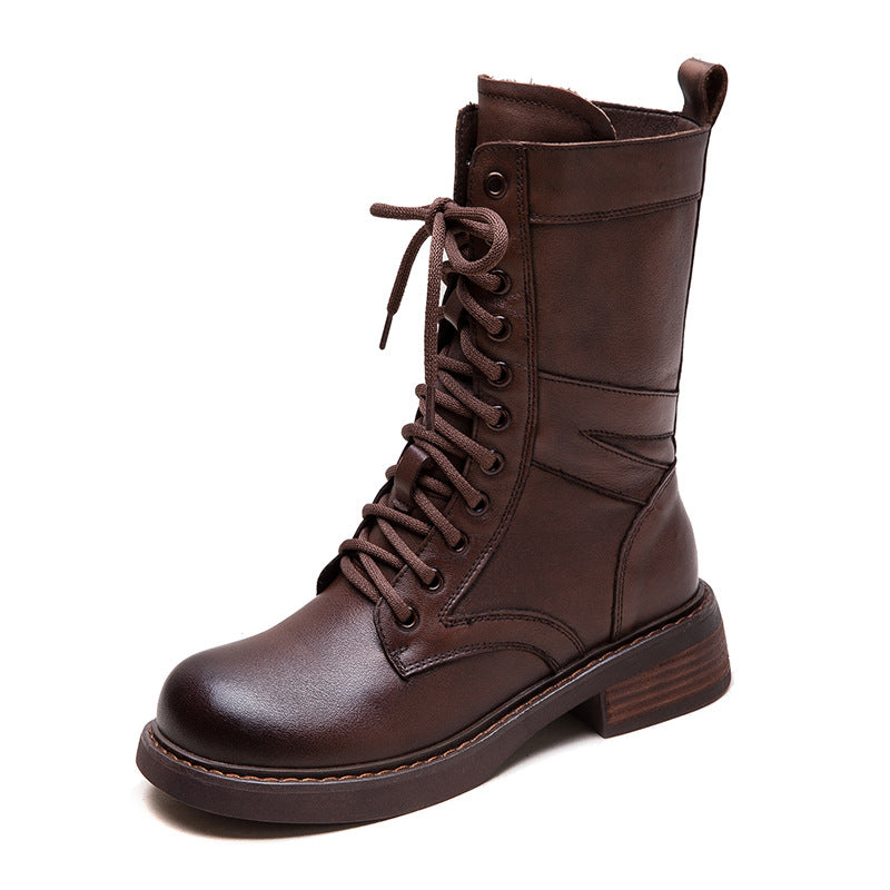 Women Minimalism Leather Mid-Calf Riding Combat Boots-RAIIFY