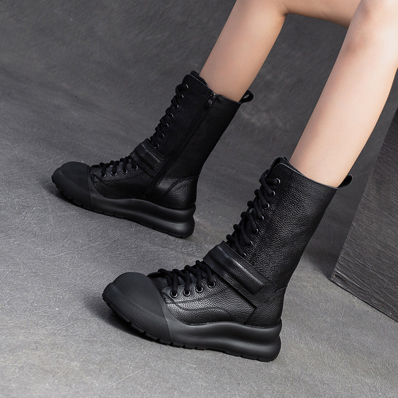 Women Retro Soft Leather Platform Mid-Calf Boots-RAIIFY