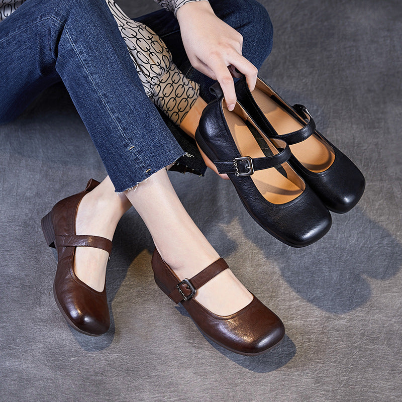 Women Vintage Soft Leather Mary Jane Shoes-RAIIFY