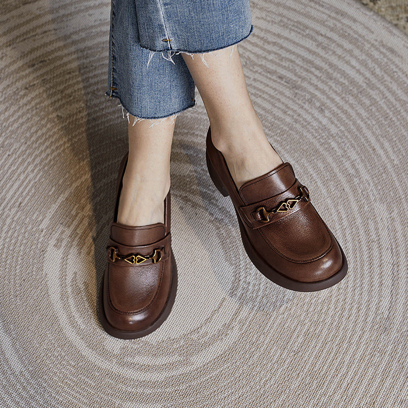 Women Retro Cowhide Chunky Sole Casual Loafers-RAIIFY