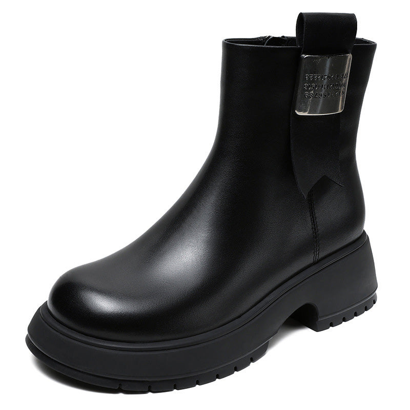 Women Minimalism Solid Leather Casual Boots-RAIIFY