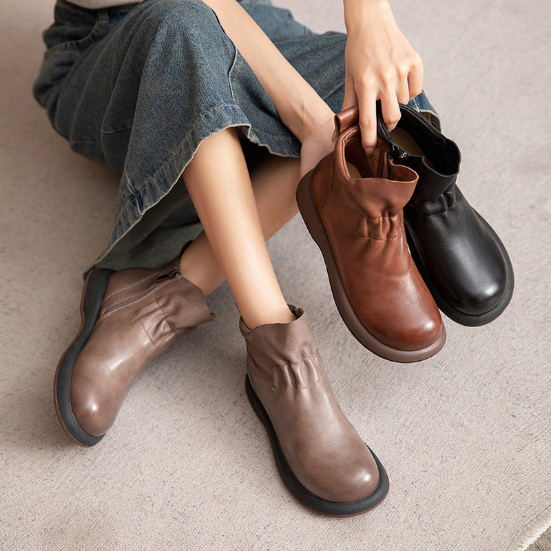 Women Reto Soft Leather Flat Casual Ankle Boots-RAIIFY