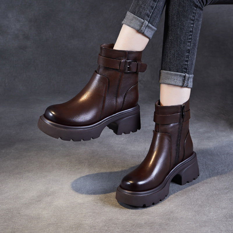 Women Retro Solid Leather Buckle Platform Boots-RAIIFY