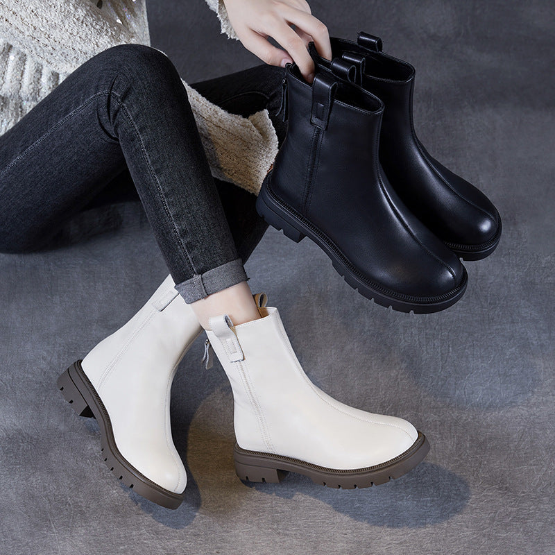 Women Minimalism Solid Leather Back Zipper Furred Ankle Boots-RAIIFY