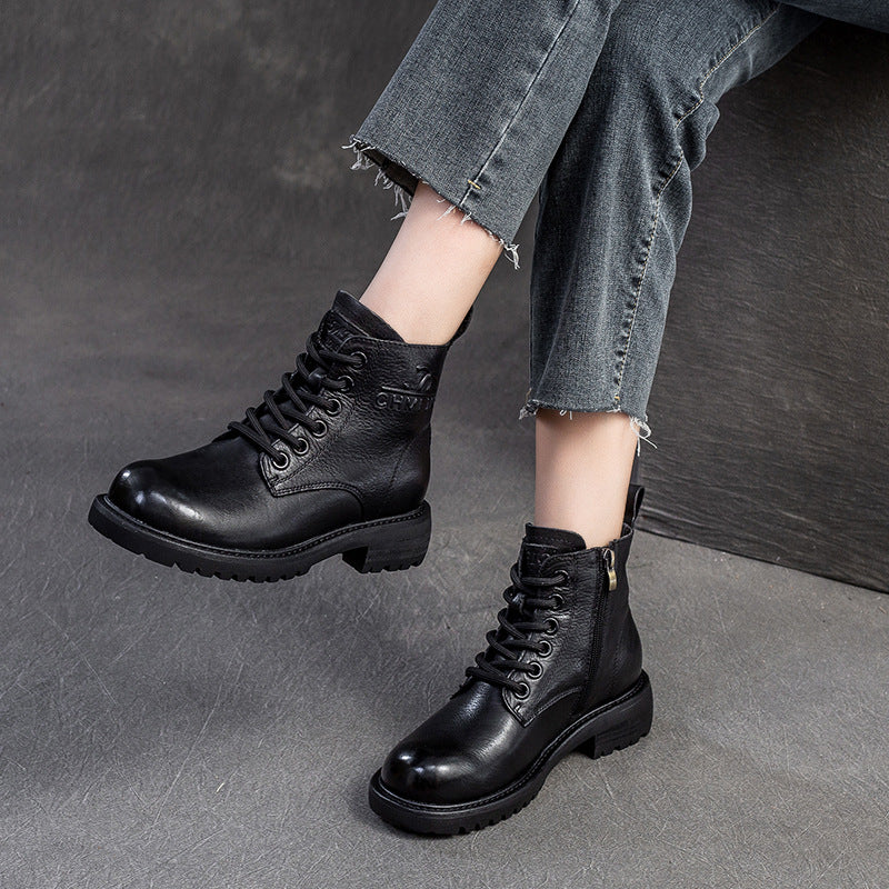 Women Vintage Solid Leather Casual Ankle Boots-RAIIFY