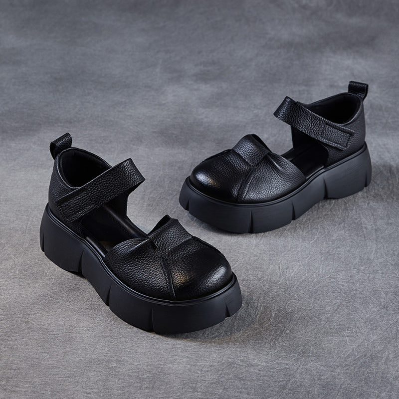 Women Retro Round Head Leather Platform Casual Sandals-RAIIFY