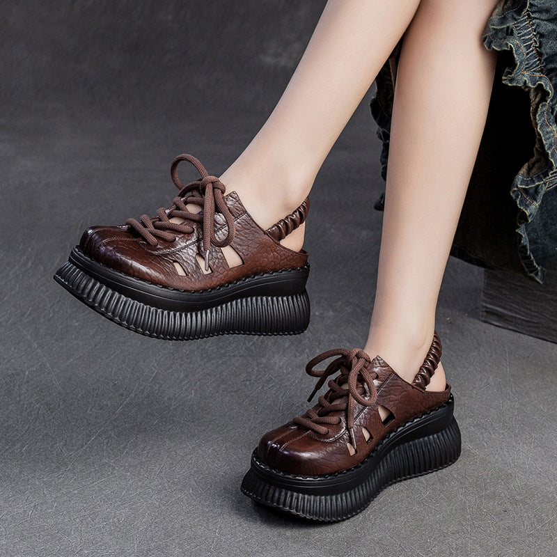 Women Retro Leather Lace-up Casual Platform Sandals-RAIIFY